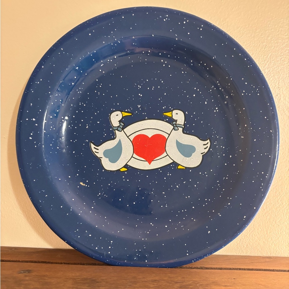 Vintage Blue Speckled Enamelware Plate with Geese & Heart Design